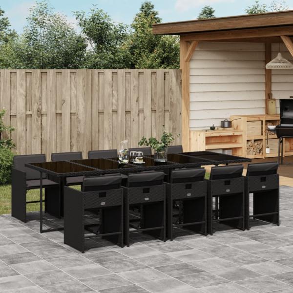 ARDEBO.de - 11-tlg. Garten-Essgruppe mit Kissen Schwarz Poly Rattan