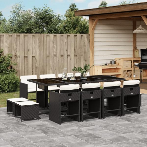 ARDEBO.de - 13-tlg. Garten-Essgruppe mit Kissen Schwarz Poly Rattan