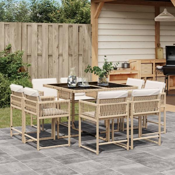 ARDEBO.de - 9-tlg. Garten-Essgruppe mit Kissen Beige Poly Rattan