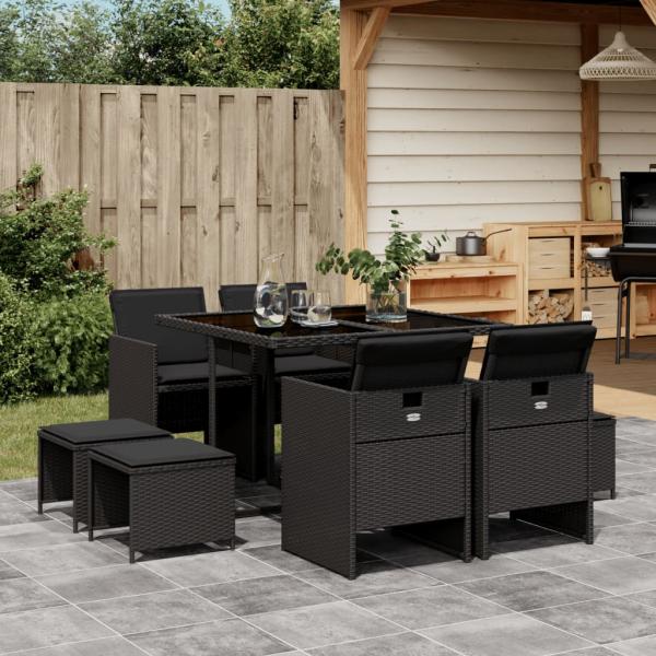 ARDEBO.de - 9-tlg. Garten-Essgruppe mit Kissen Schwarz Poly Rattan