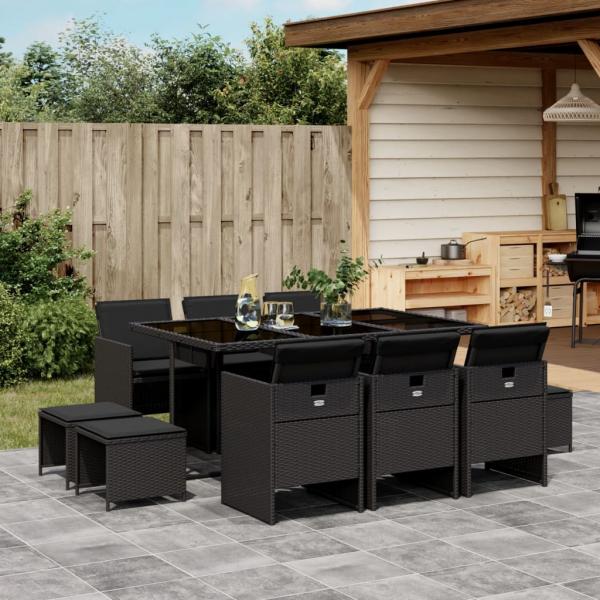 ARDEBO.de - 11-tlg. Garten-Essgruppe mit Kissen Schwarz Poly Rattan