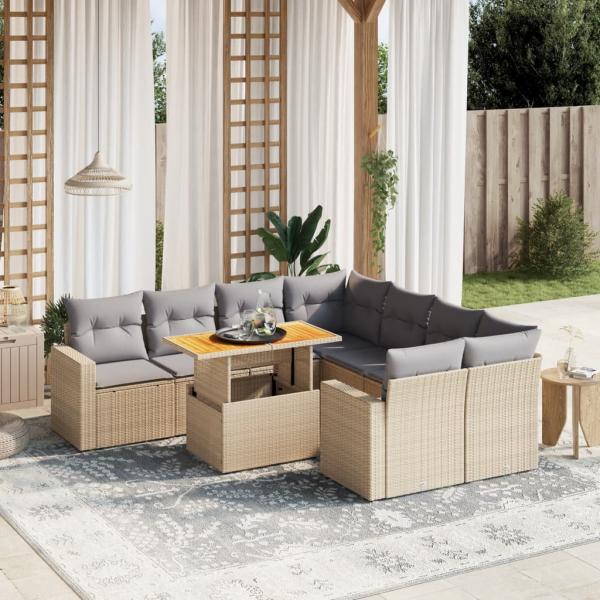 ARDEBO.de - 9-tlg. Garten-Sofagarnitur mit Kissen Beige Poly Rattan