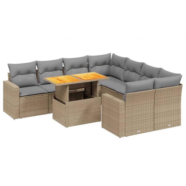 9-tlg. Garten-Sofagarnitur mit Kissen Beige Poly Rattan