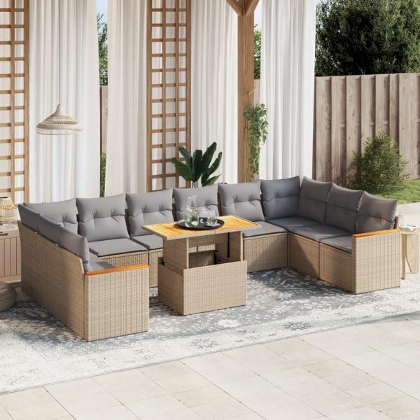 ARDEBO.de - 11-tlg. Garten-Sofagarnitur mit Kissen Beige Poly Rattan