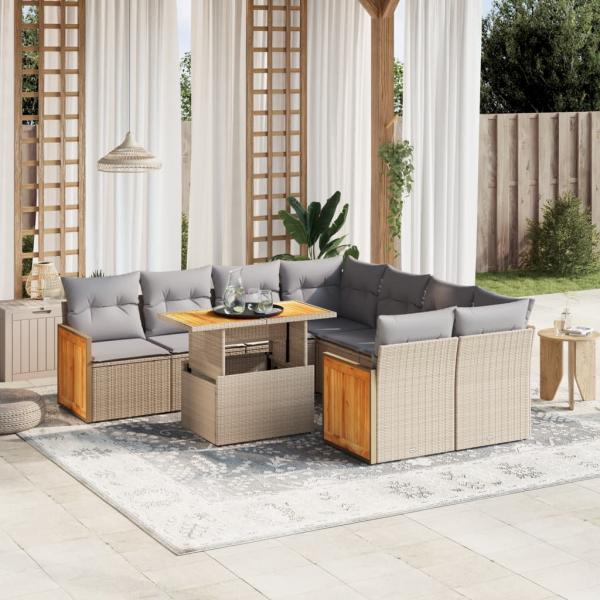 ARDEBO.de - 9-tlg. Garten-Sofagarnitur mit Kissen Beige Poly Rattan