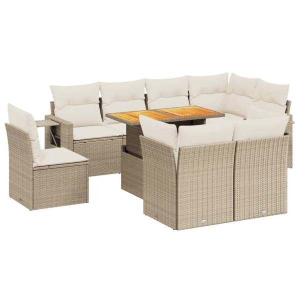 9-tlg. Garten-Sofagarnitur mit Kissen Beige Poly Rattan