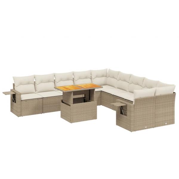 11-tlg. Garten-Sofagarnitur mit Kissen Beige Poly Rattan