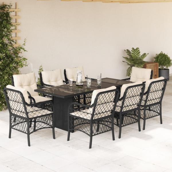 ARDEBO.de - 9-tlg. Garten-Essgruppe mit Kissen Schwarz Poly Rattan