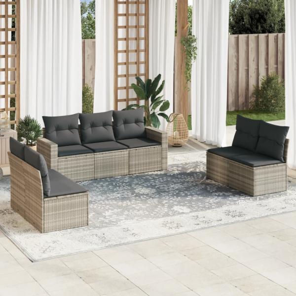 ARDEBO.de - 7-tlg. Garten-Sofagarnitur mit Kissen Hellgrau Poly Rattan