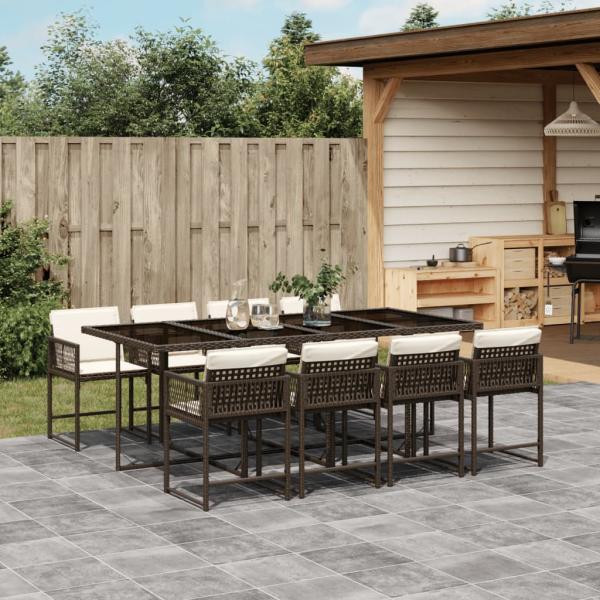 ARDEBO.de - 9-tlg. Garten-Essgruppe mit Kissen Braun Poly Rattan