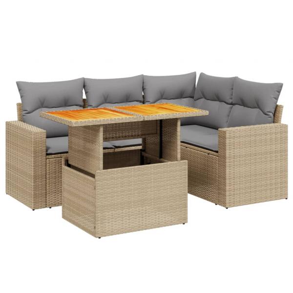 5-tlg. Garten-Sofagarnitur mit Kissen Beige Poly Rattan