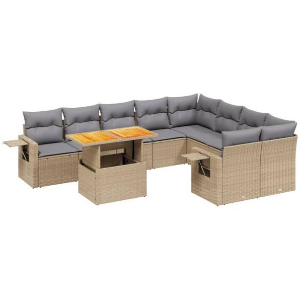 10-tlg. Garten-Sofagarnitur mit Kissen Beige Poly Rattan