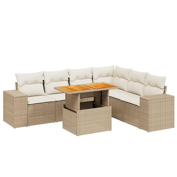 7-tlg. Garten-Sofagarnitur mit Kissen Beige Poly Rattan