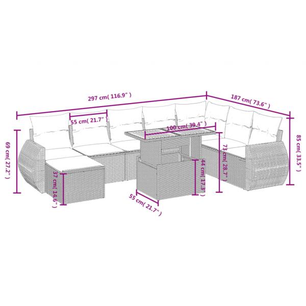 9-tlg. Garten-Sofagarnitur mit Kissen Beige Poly Rattan