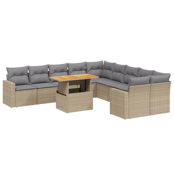 11-tlg. Garten-Sofagarnitur mit Kissen Beige Poly Rattan