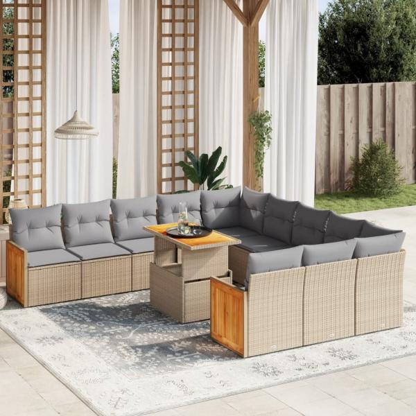 ARDEBO.de - 11-tlg. Garten-Sofagarnitur mit Kissen Beige Poly Rattan