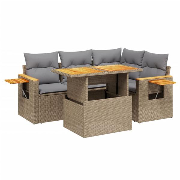 5-tlg. Garten-Sofagarnitur mit Kissen Beige Poly Rattan