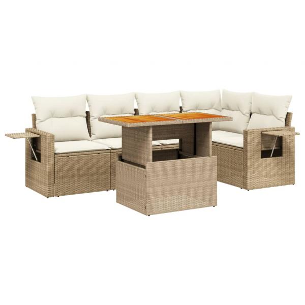 6-tlg. Garten-Sofagarnitur mit Kissen Beige Poly Rattan