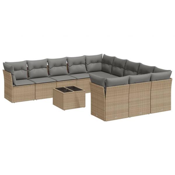 12-tlg. Garten-Sofagarnitur mit Kissen Beige Poly Rattan