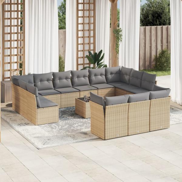 ARDEBO.de - 14-tlg. Garten-Sofagarnitur mit Kissen Beige Poly Rattan