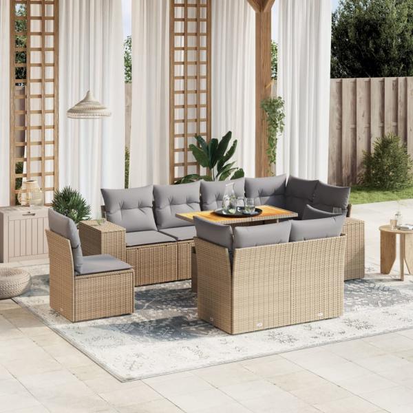 ARDEBO.de - 9-tlg. Garten-Sofagarnitur mit Kissen Beige Poly Rattan