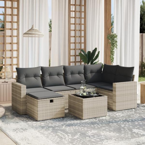 ARDEBO.de - 7-tlg. Garten-Sofagarnitur mit Kissen Hellgrau Poly Rattan