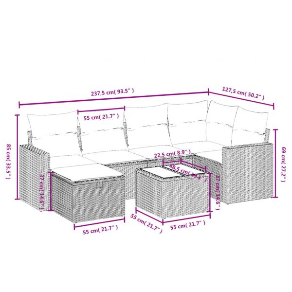 7-tlg. Garten-Sofagarnitur mit Kissen Hellgrau Poly Rattan