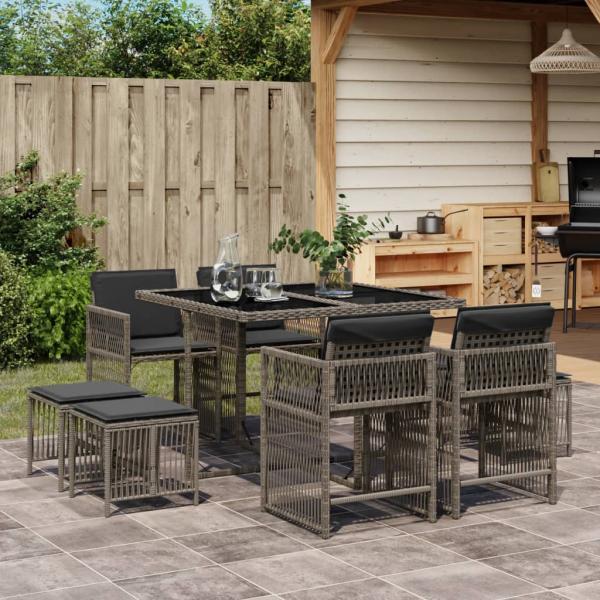 ARDEBO.de - 9-tlg. Garten-Essgruppe mit Kissen Grau Poly Rattan