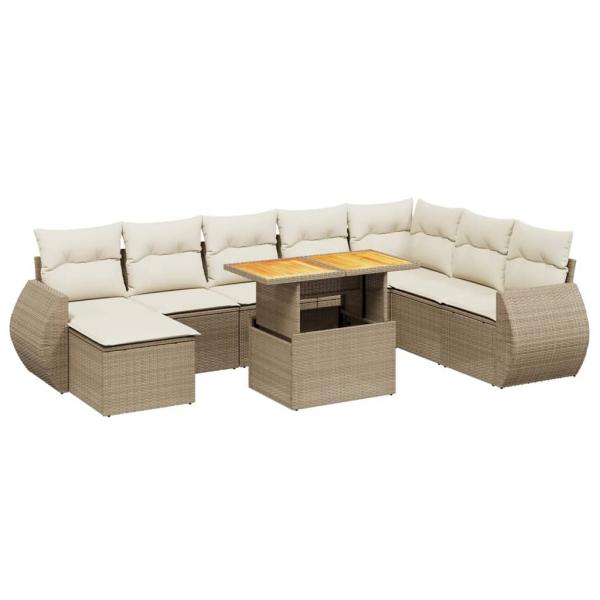 9-tlg. Garten-Sofagarnitur mit Kissen Beige Poly Rattan