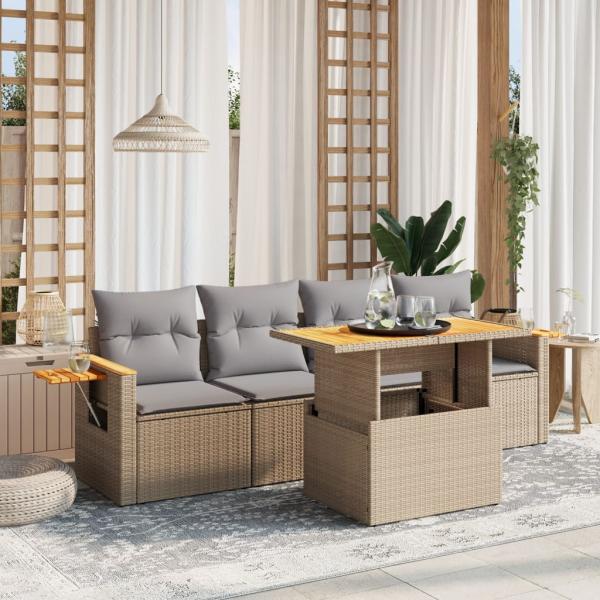 ARDEBO.de - 5-tlg. Garten-Sofagarnitur mit Kissen Beige Poly Rattan