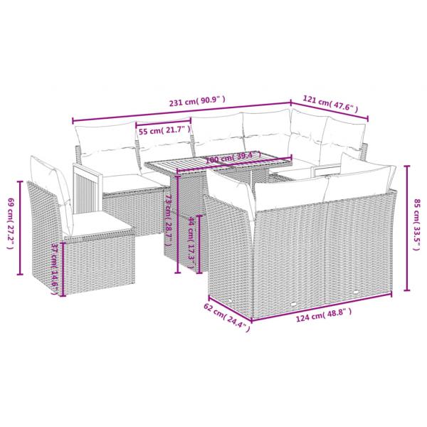 9-tlg. Garten-Sofagarnitur mit Kissen Beige Poly Rattan