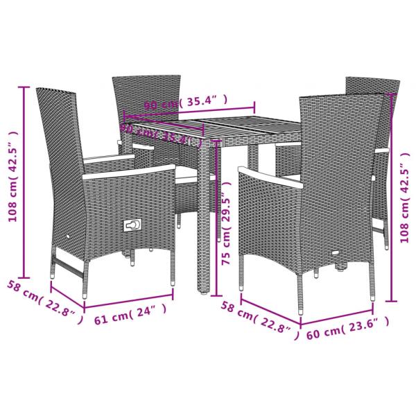 5-tlg. Garten-Essgruppe mit Kissen Schwarz Poly Rattan