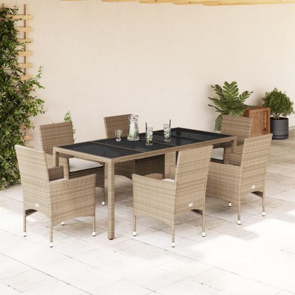 ARDEBO.de - 7-tlg. Garten-Essgruppe mit Kissen Beige Poly Rattan und Glas