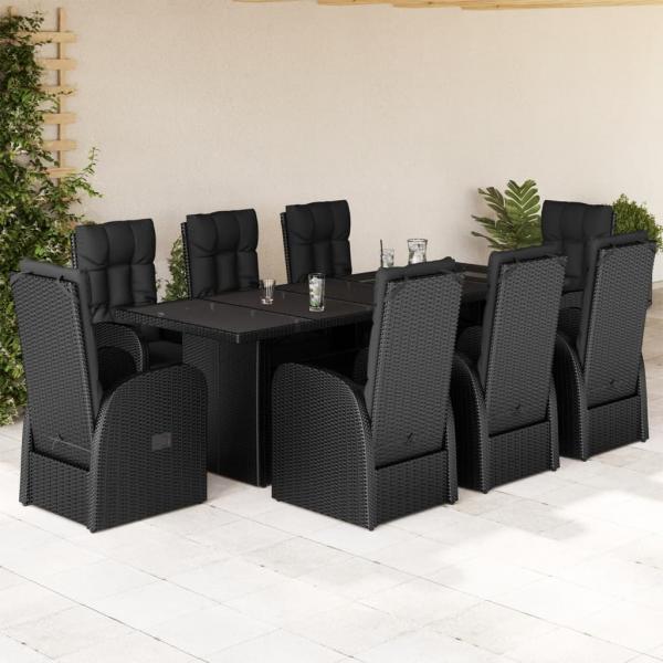 ARDEBO.de - 9-tlg. Garten-Essgruppe mit Kissen Schwarz Poly Rattan