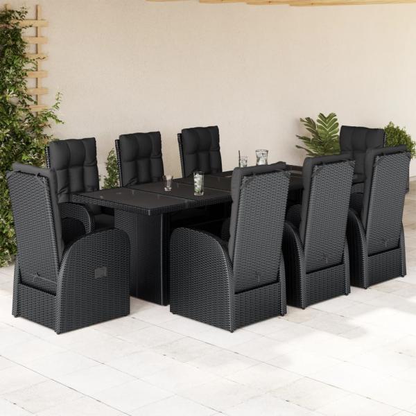 ARDEBO.de - 9-tlg. Garten-Essgruppe mit Kissen Schwarz Poly Rattan