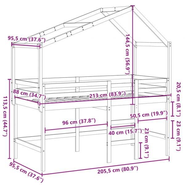 Hochbett mit Leiter und Dach 90x200 cm Massivholz Kiefer