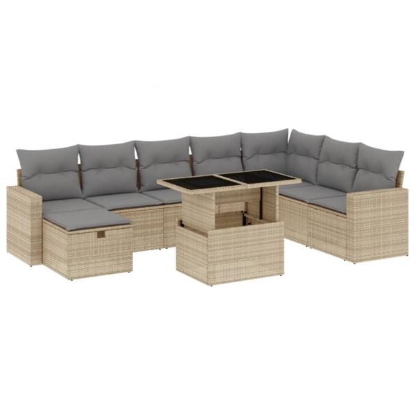 9-tlg. Garten-Sofagarnitur mit Kissen Beige Poly Rattan