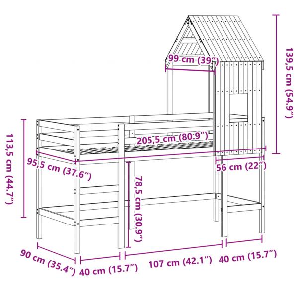 Hochbett mit Leiter und Dach 90x200 cm Massivholz Kiefer