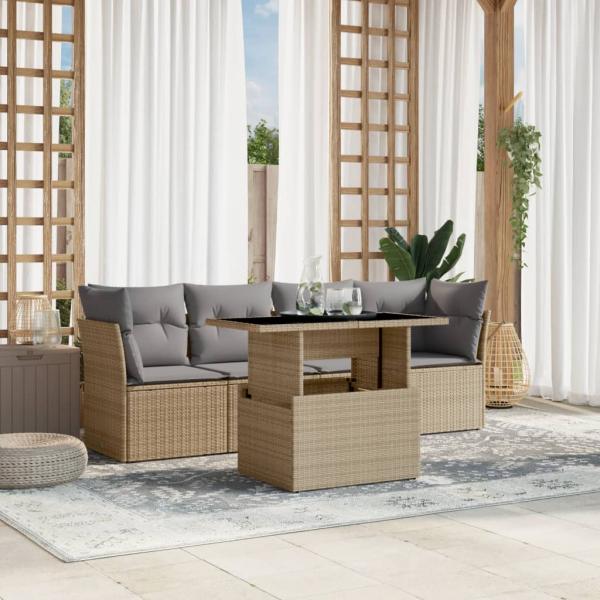 ARDEBO.de - 5-tlg. Garten-Sofagarnitur mit Kissen Beige Poly Rattan