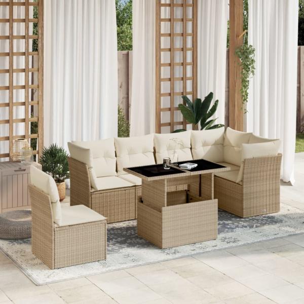 ARDEBO.de - 7-tlg. Garten-Sofagarnitur mit Kissen Beige Poly Rattan