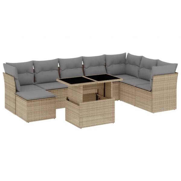 9-tlg. Garten-Sofagarnitur mit Kissen Beige Poly Rattan