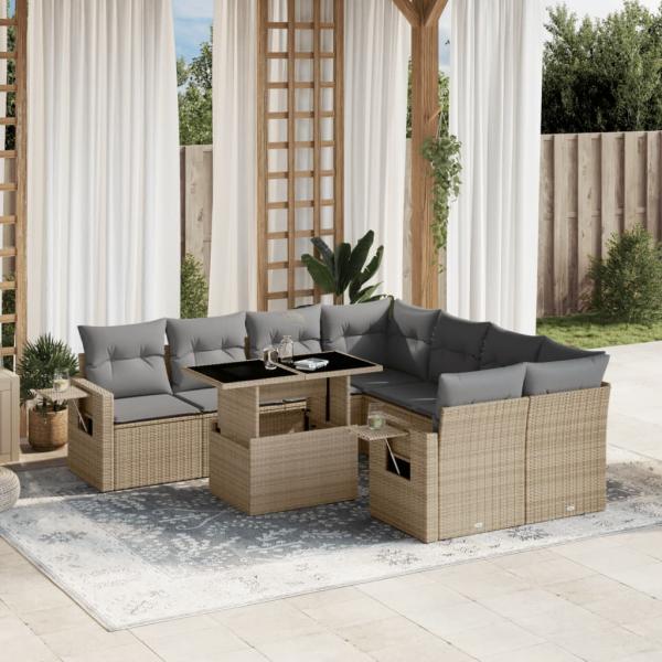 ARDEBO.de - 9-tlg. Garten-Sofagarnitur mit Kissen Beige Poly Rattan