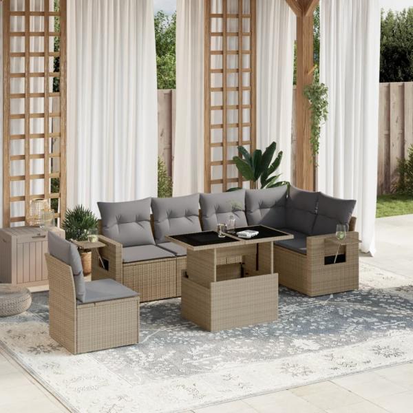 ARDEBO.de - 7-tlg. Garten-Sofagarnitur mit Kissen Beige Poly Rattan