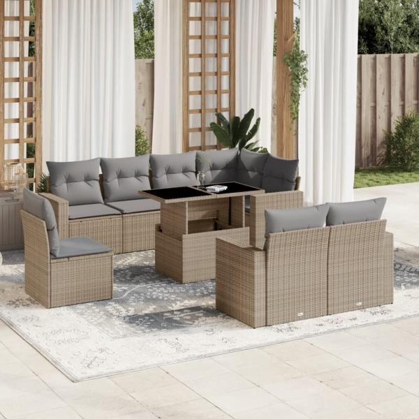 ARDEBO.de - 9-tlg. Garten-Sofagarnitur mit Kissen Beige Poly Rattan