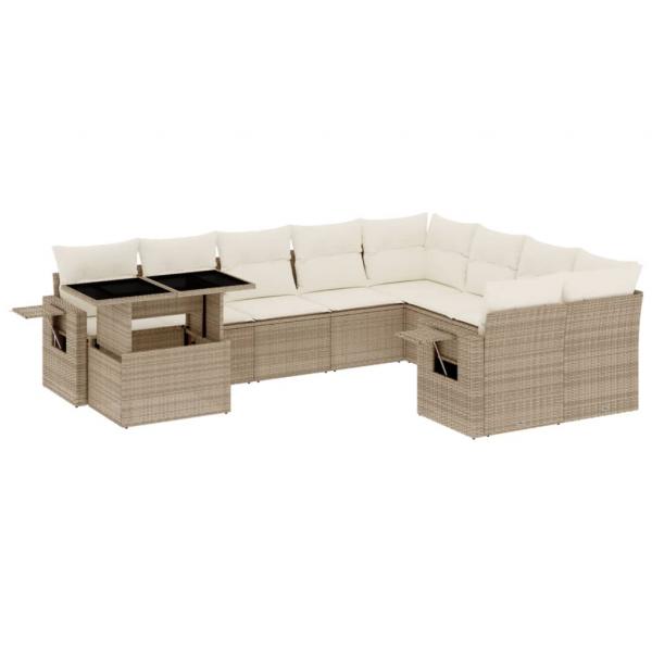 10-tlg. Garten-Sofagarnitur mit Kissen Beige Poly Rattan