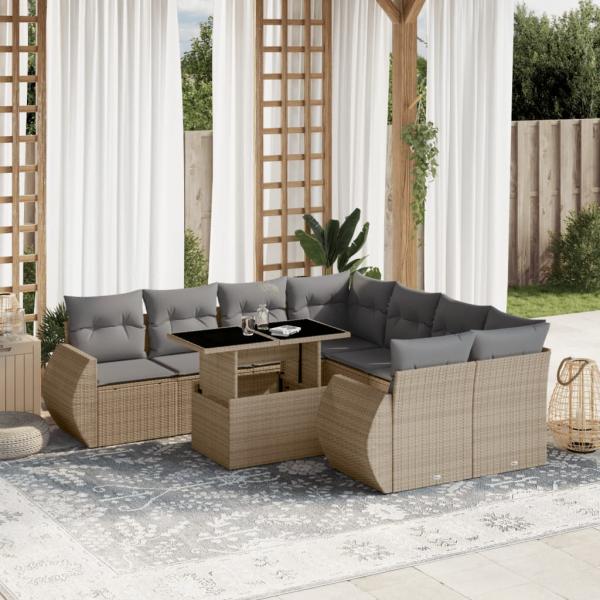 ARDEBO.de - 9-tlg. Garten-Sofagarnitur mit Kissen Beige Poly Rattan