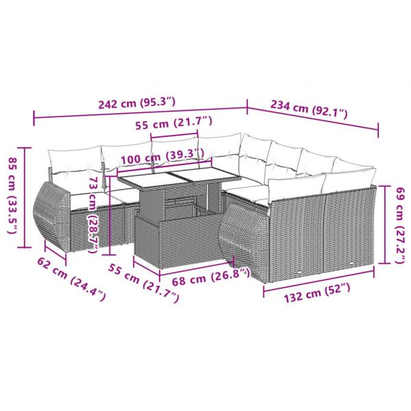 9-tlg. Garten-Sofagarnitur mit Kissen Beige Poly Rattan