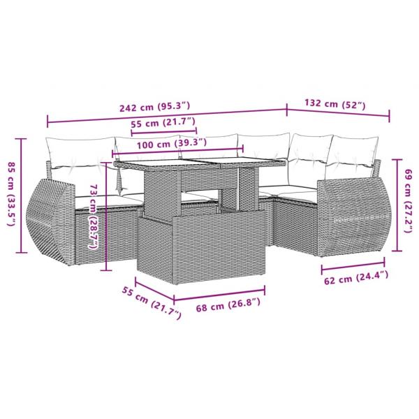 6-tlg. Garten-Sofagarnitur mit Kissen Beige Poly Rattan