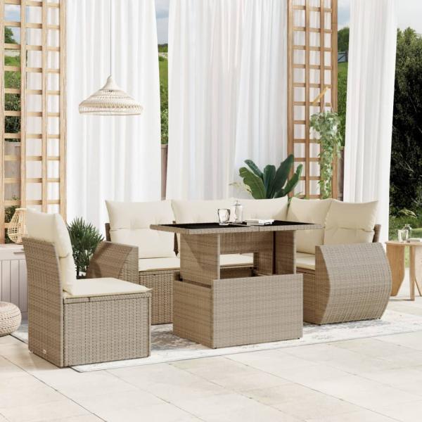 ARDEBO.de - 6-tlg. Garten-Sofagarnitur mit Kissen Beige Poly Rattan