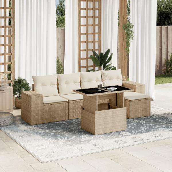 ARDEBO.de - 6-tlg. Garten-Sofagarnitur mit Kissen Beige Poly Rattan